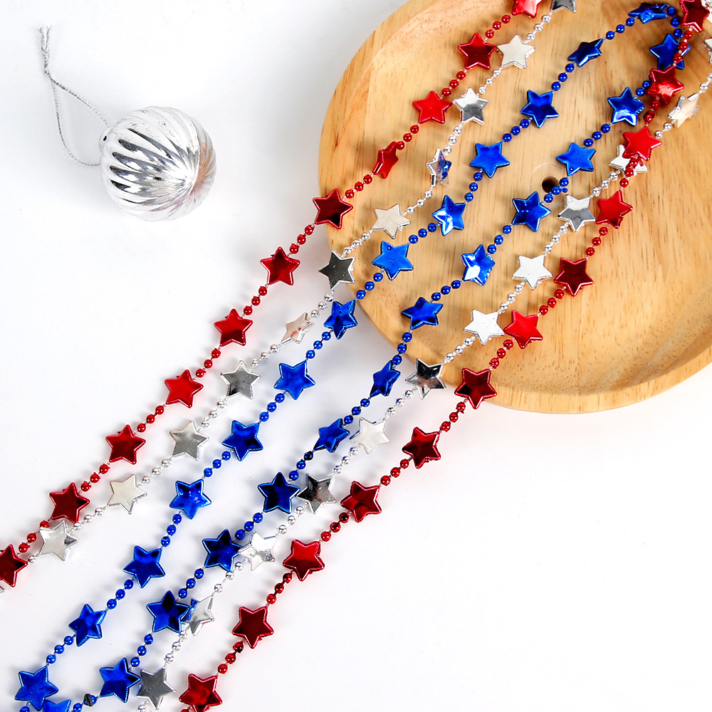 Collar decorativo con estrella del Día de la Independencia Americana, accesorios para la fiesta del Día de los Veteranos, cadena de cuentas con estrella de cinco puntas en rojo, plateado y azul.