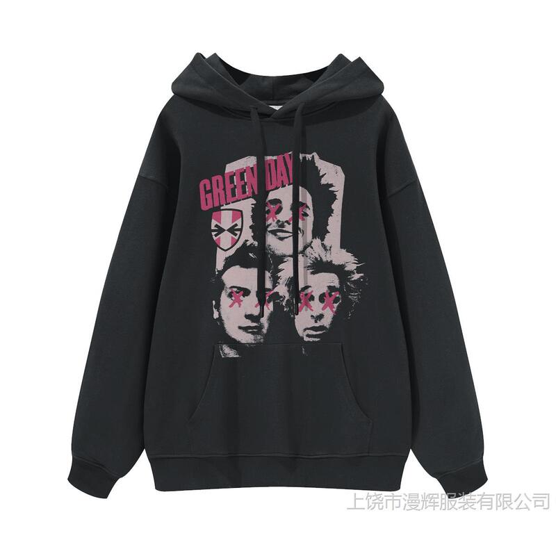 Green Day Rock Band Printed American Street Style Black and Gray Hooded Crewneck Sweatshirt for Men and Women
