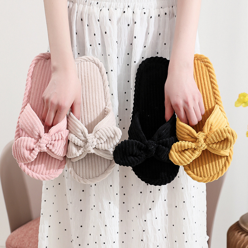 Cross-Border Bow-Knot Open Women's Autumn and Winter Indoor and Outdoor Thick-Soled Warm Plush Confinement Shoes One-Line Open Cotton Slippers