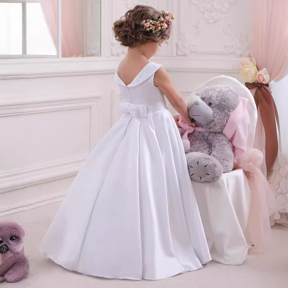 Nuevo transfronterizo de Europa y América del comercio exterior suministro de las niñas vestido de niña de las flores sin mangas de encaje de raso piso-longitud vestido de rendimiento de cumpleaños