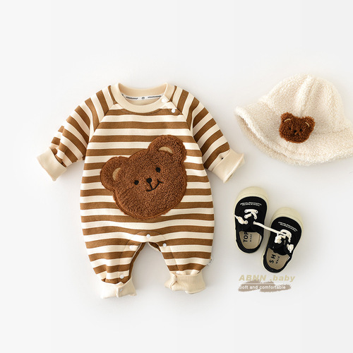 Abaonannan Spring and Autumn Korean version of infant striped fart clothing ins baby fleece thickened bear doll crawling clothing