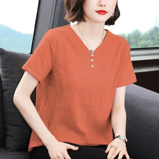 中老年妈妈女装新款大码上衣2024年休闲V领时尚棉麻宽松上衣批发