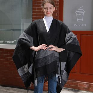 Cross-border New European and American Color Striped Strap Shawl Jacket Women's Jacquard Warm Tassel Cardigan