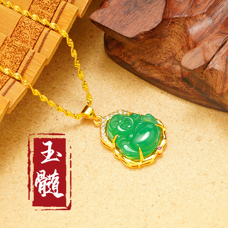 Smiley cara Maitreya Buda COLLAR COLGANTE nuevo con incrustaciones de Calcedonia Buda colgante hembra amuleto portátil colgante