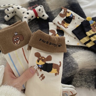Autumn and winter puppy socks striped turn-up cartoon dachshund dog vertical piled socks cute niche four-season socks