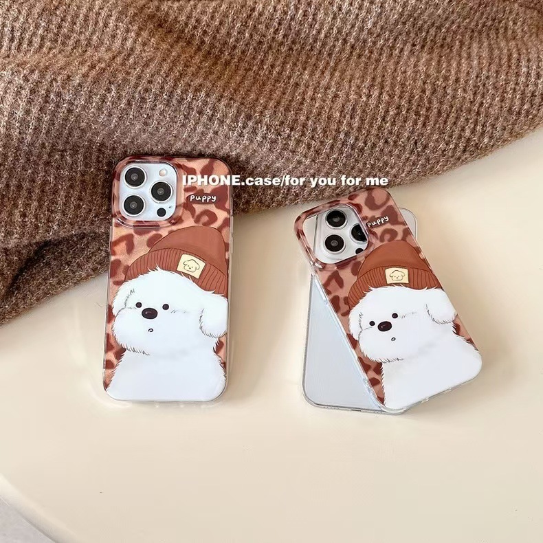 Lindo sombrero pequeño perro blanco iPhone16promax estampado de leopardo marrón Apple 15pro funda para teléfono 14/13 nuevo