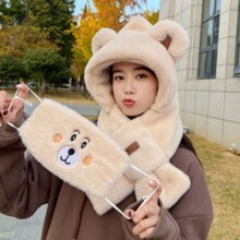 帽子围巾一体毛绒帽女冬天骑车防风护脸套头帽卡通小熊可爱保暖帽