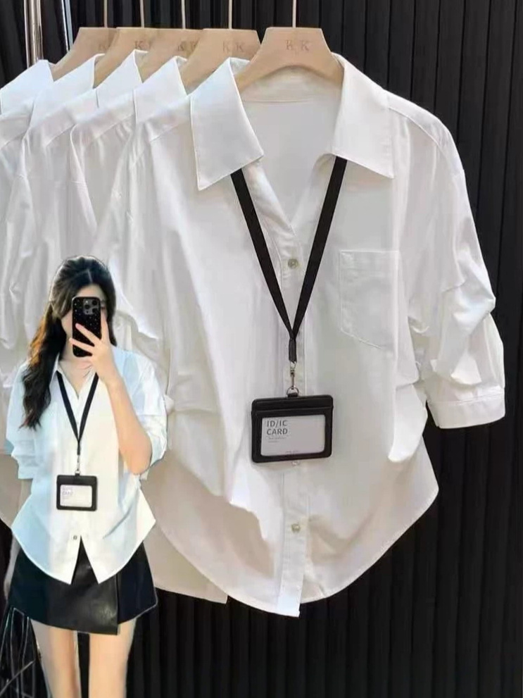 French-style polo collar elegant white shirt for women, spring-summer design, loose fit with ruched waist, three-quarter sleeve top
