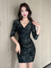 Long sleeved velvet halo dyed slim fit wrap buttocks dress