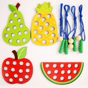 Cross-border wooden fruit threading board toy kindergarten area put Montessori Early Education wear rope game