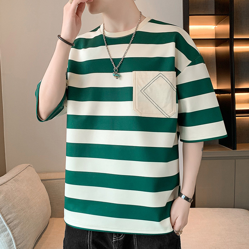 New Summer Men's Trendy Loose-Fitting Fashion Brand Student Short-Sleeve T-Shirt Striped Top Round Neck Half-Sleeve T-Shirt