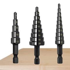 Hot-selling Cross-Border High-Speed Steel Nitrided Black 3-Piece Straight-Groove Step Drill Bits: 3-12 / 4-12 / 4-20mm for Woodworking