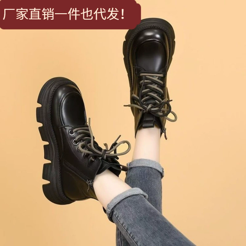 Round head solid color PU boots medium heel rubber spring and autumn short tube