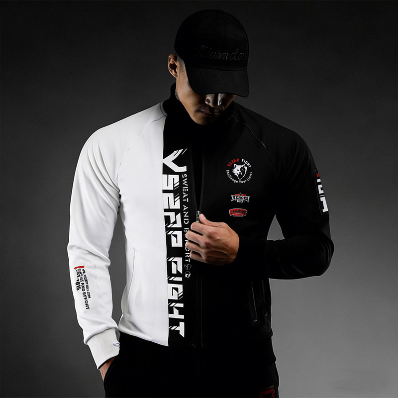 Vszap Racing Style Stand-Up Collar Sports Fitness Sweatshirt Men's Quick-Drying Top Black and White Contrasting Sports Jacket Training Clothes