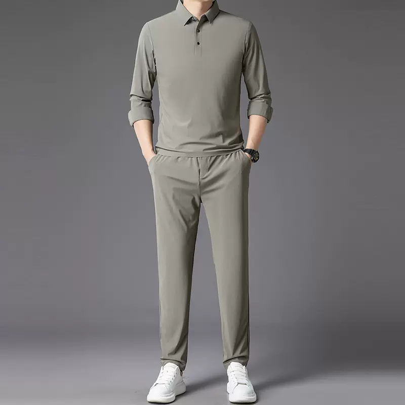 100%桑蚕丝休闲套装男轻奢商务高弹冰丝长袖两件套无痕翻领POLO衫