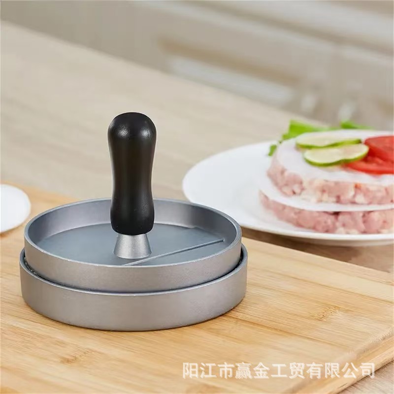Prensador de carne de hamburguesas manual de aluminio antiadherente molde de prensa redondo para desayuno de carne de hamburguesas cocina transfronteriza