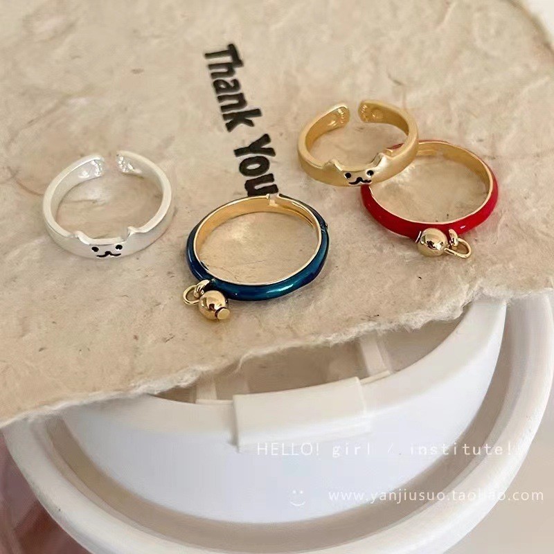 Cartoon Katzenklingel Ring Set Damen Elegante Niche Glasur Schmuck_voghion.com