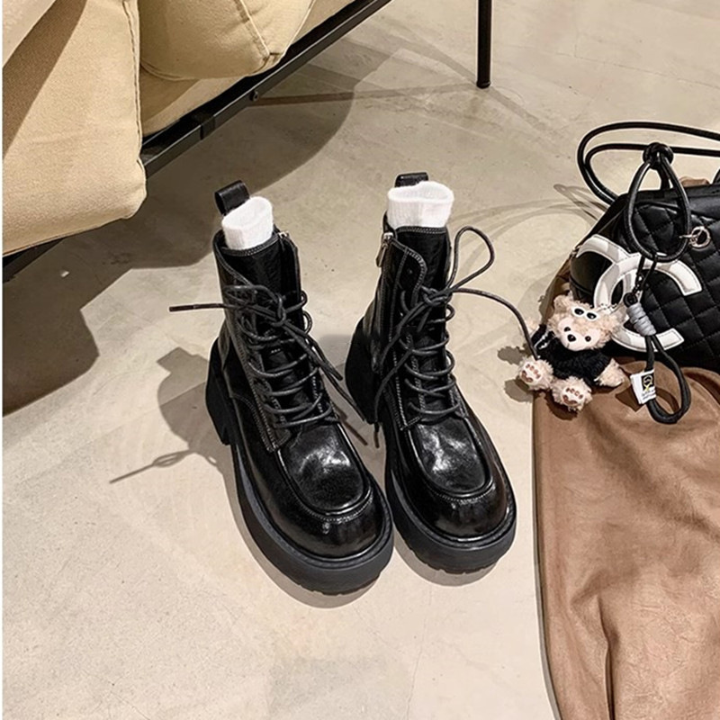 葡萄妈同款 腿精二代~水洗缩纹马皮粗跟厚底机车马丁靴女秋冬短靴