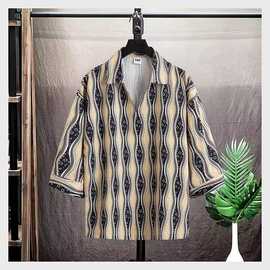 夏季学院风七分袖衬衫大码男装街头宽松百搭半袖衬上衣服一件批发
