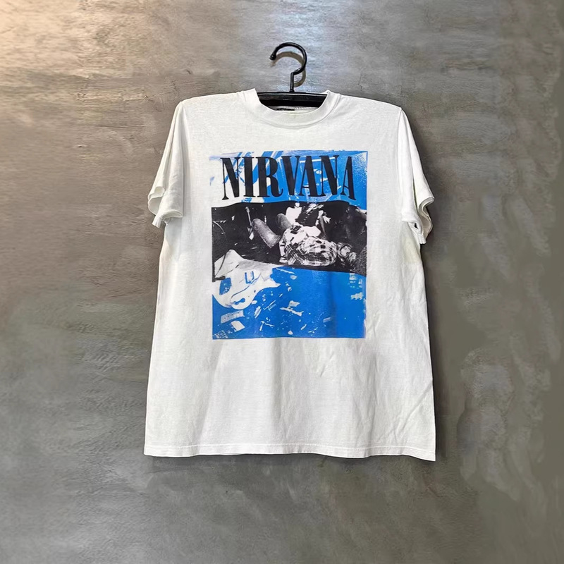 250g Heavyweight Pure Cotton! American Style Nirvana Band Print Couple's Loose Short-Sleeved T-Shirt for Men Y2K 250g Heavyweight Pure Cotton! American Style Nirvana Band Print Couple's Loose Short-Sleeved T-Shirt for Men Y2K