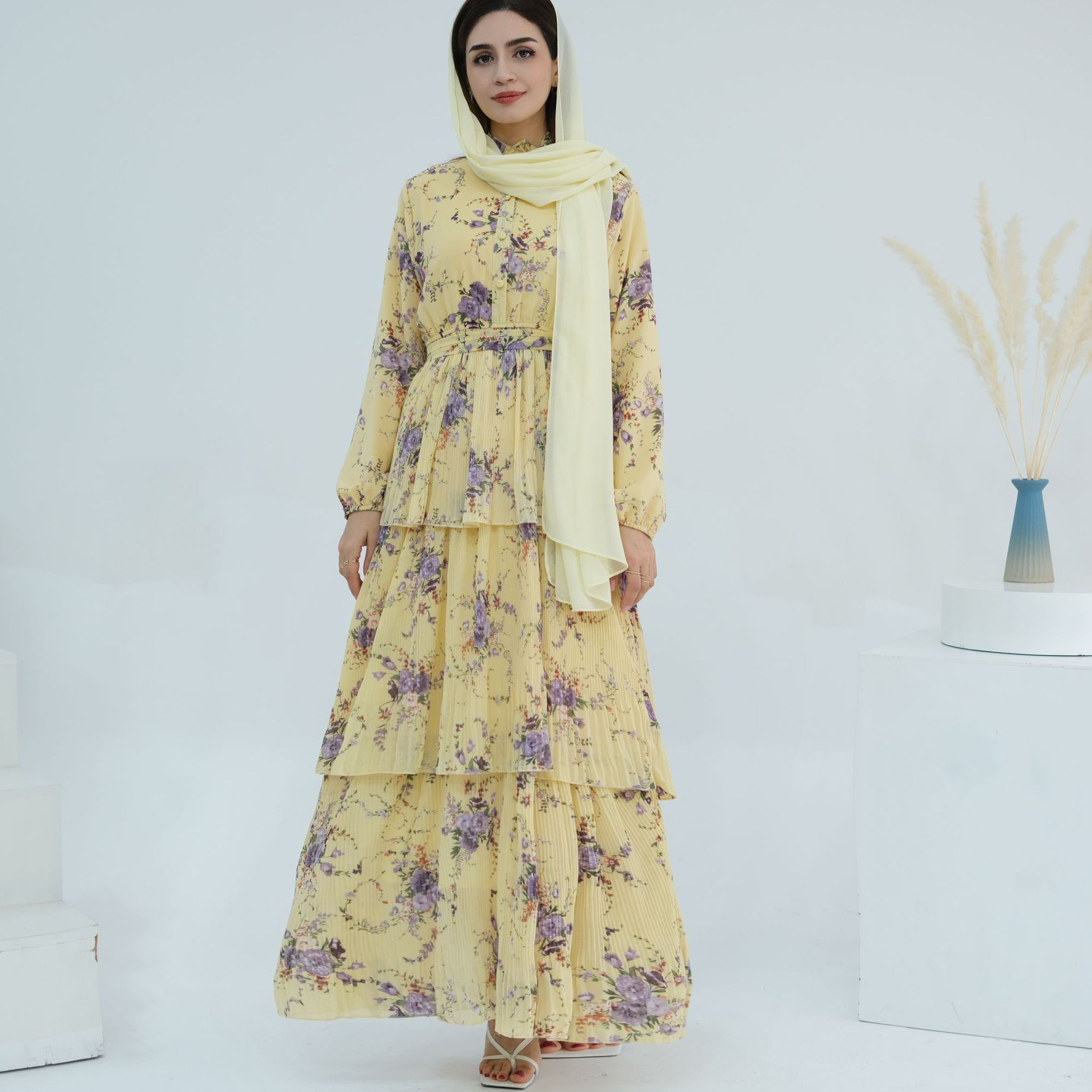 2025Loriya AliExpress Vestido estampado puro europeo y americano Falda larga con estampado de cintura hasta el tobillo LR747