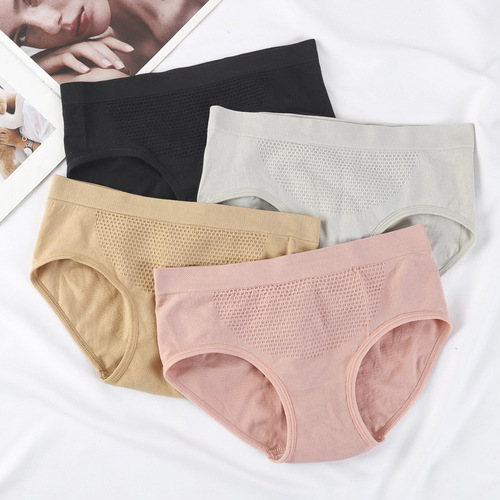 3D Naked Ammonia Honeycomb Honeycomb Seamless Seamless Women's Mid-waist Breathable Cotton Crotch Belly Controlling Butt Lifting Briefs Underwear for Women