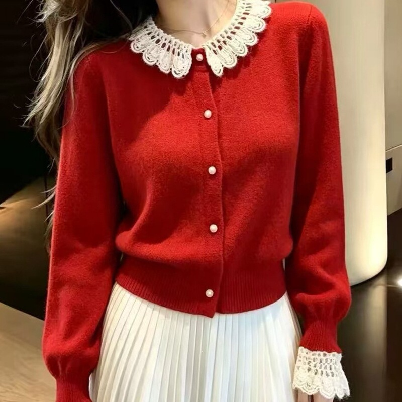 Tweed-style lace-trimmed knitted cardigan for women, autumn collection, loose-fitting, long-sleeved, short-length, single-breasted sweater