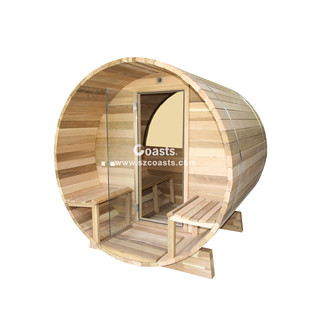 Panoramic Outdoor Sauna Room Solid Wood Finnish White Pine Round Barrel Sauna Room Traditional Dry Steam Sauna for 2 People with Door