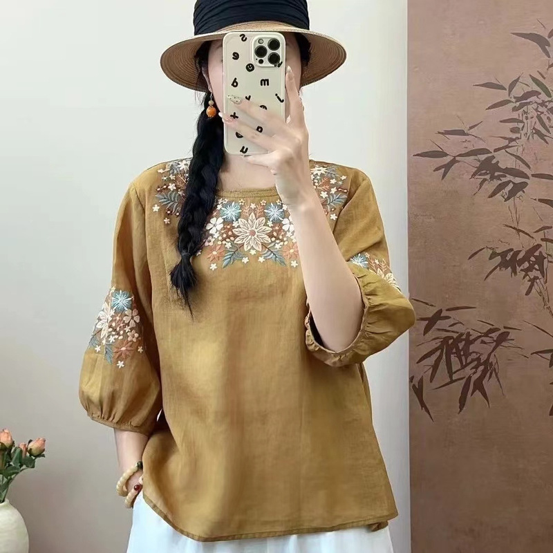Heavy Embroidered High-end Ramie Seven-sleeve Shirt Top Women's Summer Loose Slimming Cotton Linen Round Neck Pullover Shirt