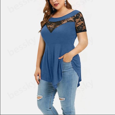 Sexy Style Wholesale Women's Sexy Solid Color Short Sleeve Patchwork Lace T-Shirts