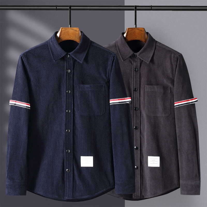 New Tb Corduroy Shirt Men's Long-Sleeved Shirt Thick Style Unisex Korean Style Sleeve Webbing Casual Shirt Trendy