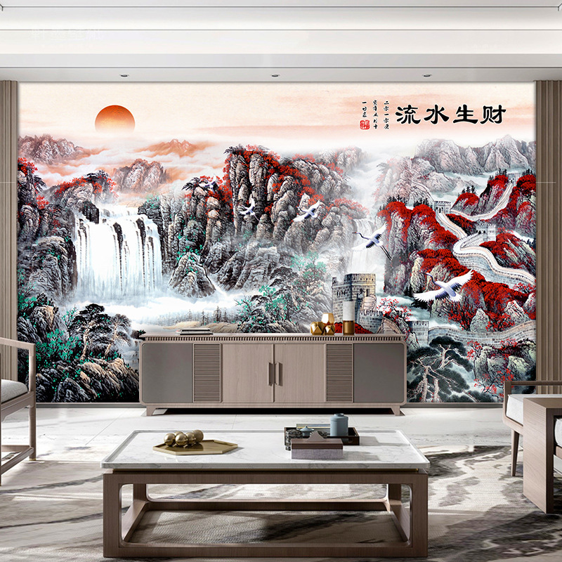 电视背景墙壁画新中式山水画流水生财壁布3D立体壁纸客厅影视墙布|undefined