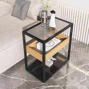 Light Luxury Solid Wood Side Table, Sofa Side Cabinet, Bedside Small Table, Modern Glass Coffee Table, Side Cabinet, Mini Storage Iron Art