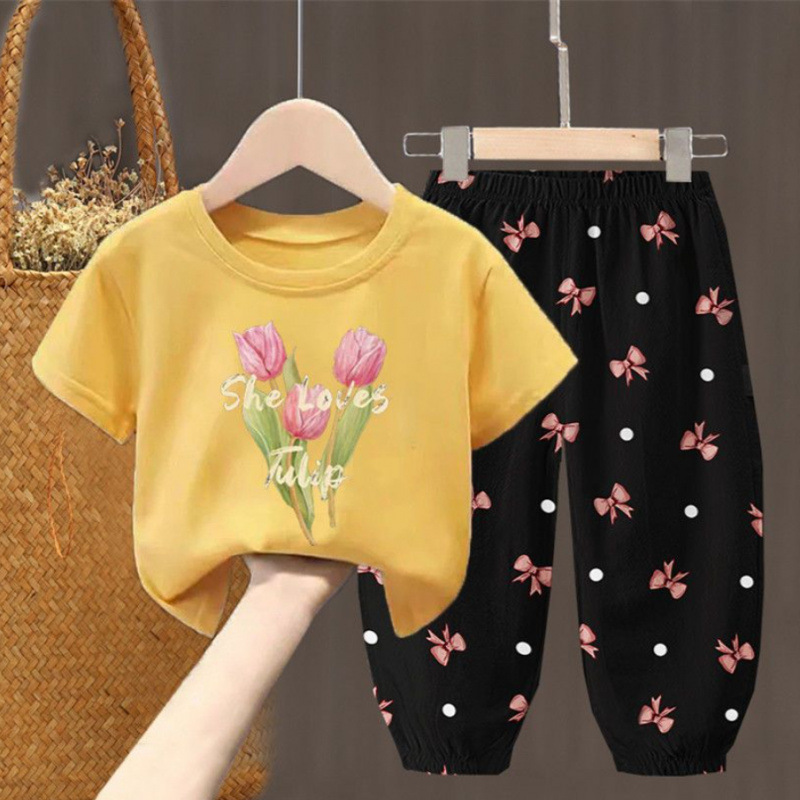 子供服女の子夏のリボンスーツ新しいスタイルファッショナブルな花のファッショナブルな夏服女の子シングル/ツーピース|undefined