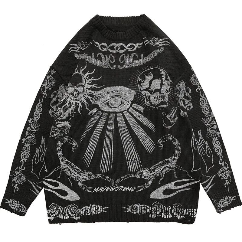 European Girl Gothic Fashion Harajuku Punk Rock Hip Hop Skull Dark Flames Y2KO Collar Long Sleeve Knitted Sweater Wholesale