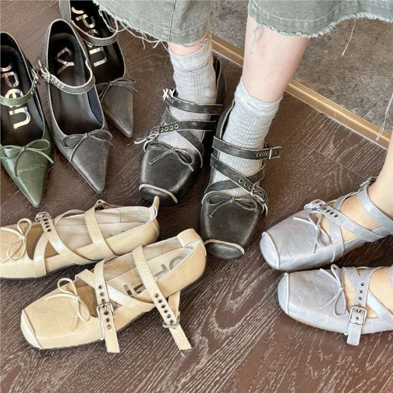 Korean New Product! Bow Square Toe Shallow Mouth Ballet Shoes for Women 2025 Summer New One-Line Buckle Mary Jane Shoes