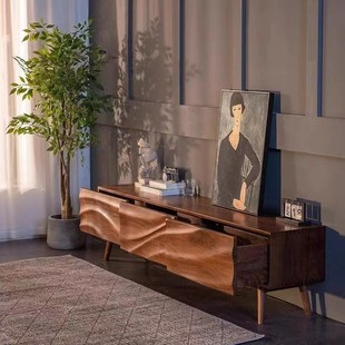 Nordic Solid Wood Tv Cabinet Designer Log Wave Tv Cabinet Wabi-Sabi Style Small Apartment Home Living Room Floor Cabinet