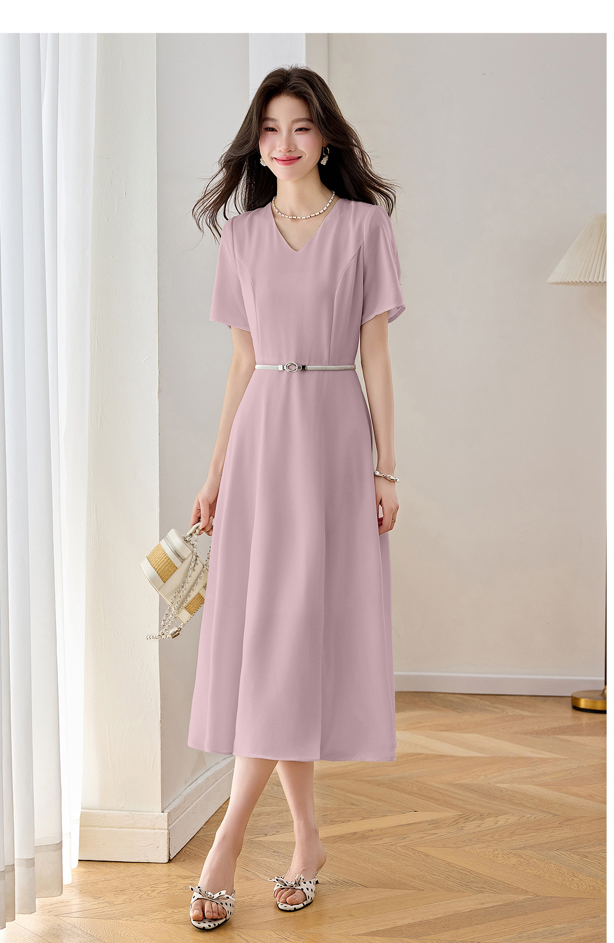 Đầm maxi nữ thắt eo cổ V dáng dài phối màu trơn — màu xanh đậm, màu tím, màu trắng chi tiết 20