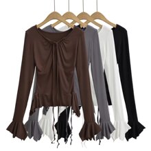 6055-24夏季新款  韩版纯欲风抽绳褶皱花边喇叭袖打底上衣休闲T恤