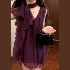夏季设计感紫色雪纺衬衫早春甜辣上衣新款宽松挂脖轻熟风女装