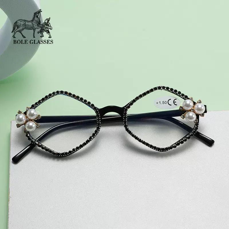 跨境外贸专供珍珠老花眼镜女时尚潮流个性老花镜百搭贴钻菱形框架