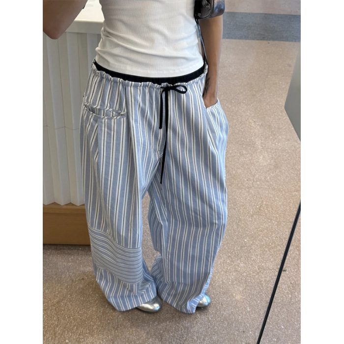 【现货】2025夏日松弛感抽绳蓝色条纹裤直筒长裤子休闲裤女阔腿裤|undefined