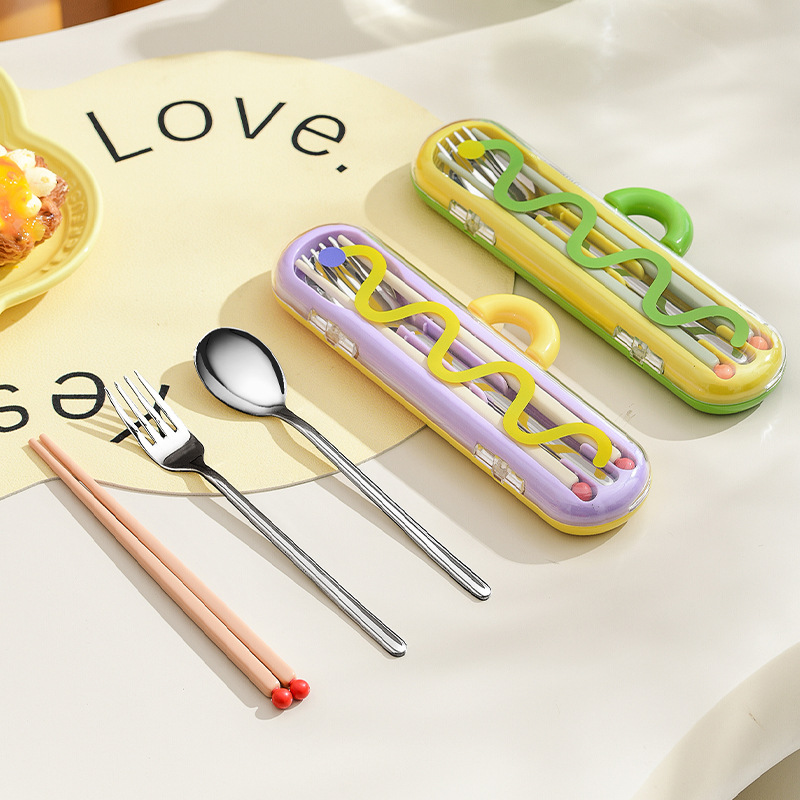 户外便携餐具套装304不锈钢筷子勺子叉子三件套 可爱学生餐具盒