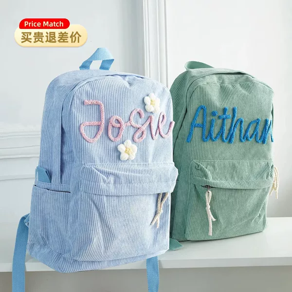 Etsy Handmade Customized Kidsren's Men's and Women's Backpacks with Rope and Name Letters Corduroy Cloth Large Capacity Baby School Bags