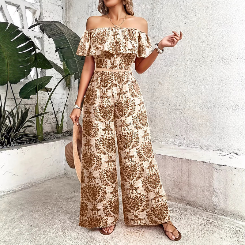 2026 Cross-Border Spring and Summer New Holiday Print Elegant Waist-Cinching Slim-Fit Off-Shoulder Top and Wide-Leg Pants Two-Piece Set for Women 2026 Cross-Border Spring and Summer New Holiday Print Elegant Waist-Cinching Slim-Fit Off-Shoulder Top and Wide-Leg Pants Two-Piece Set for Women