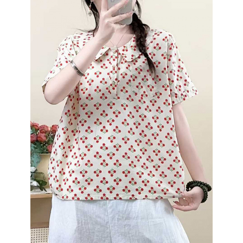 Retro Cherry Print Short-Sleeved Shirt for Women, Doll Collar Loose and Versatile Age-Reducing Top, Summer Pullover Doll Shirt Retro Cherry Print Short-Sleeved Shirt for Women, Doll Collar Loose and Versatile Age-Reducing Top, Summer Pullover Doll Shirt