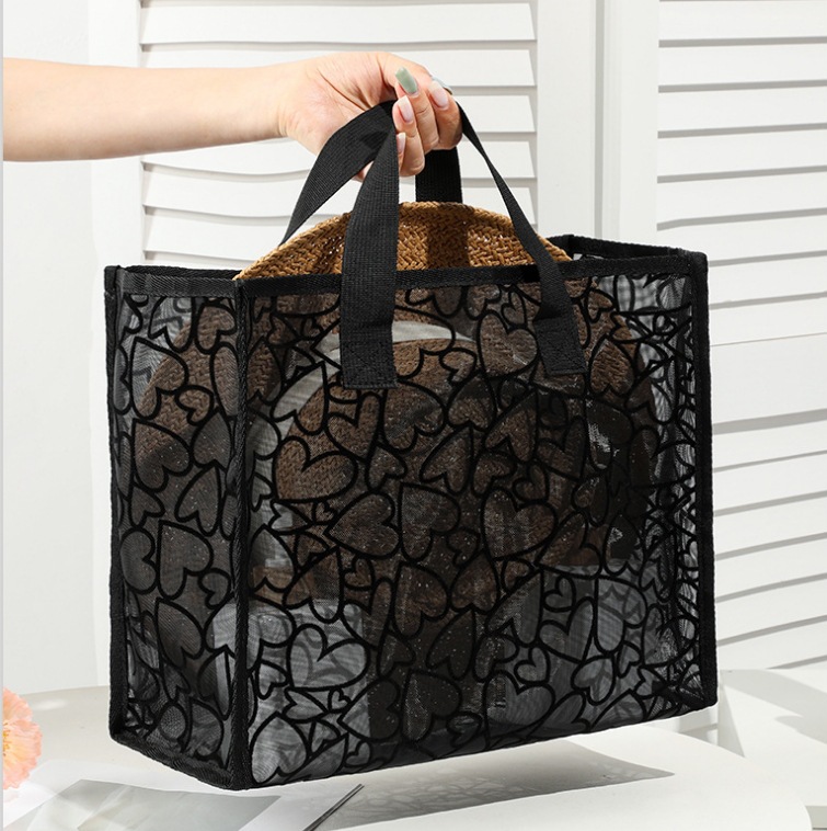 Bolsa de lavado de viaje portátil de alto valor facial bolsa de maquillaje amor bolsa de playa bolsa de almacenamiento de flocado bolsa de ropa hilo de malla transparente