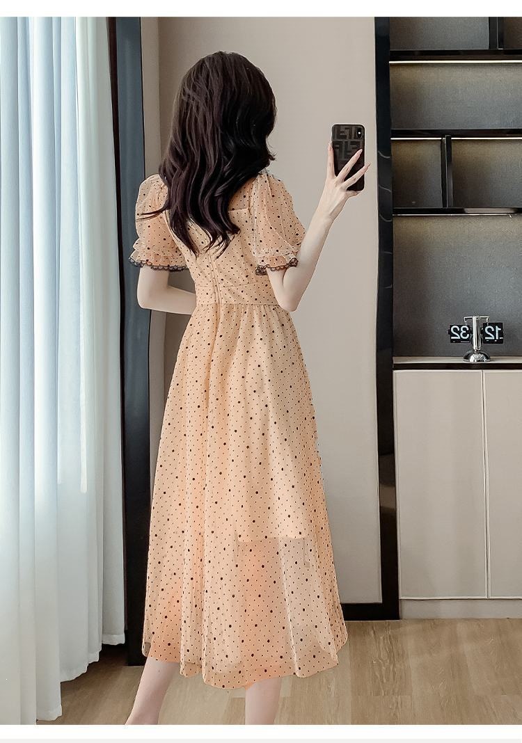 Váy maxi nữ thắt eo chất liệu lưới sóng chấm bi phong cách Pháp — 2808 màu đỏ, 2808 màu vàng, #2290#Quần áo chi tiết 10
