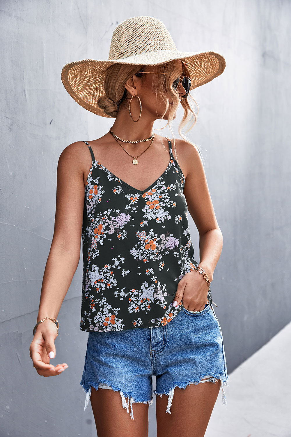 bohemian floral print V-neck camisole  NSLNZ123633