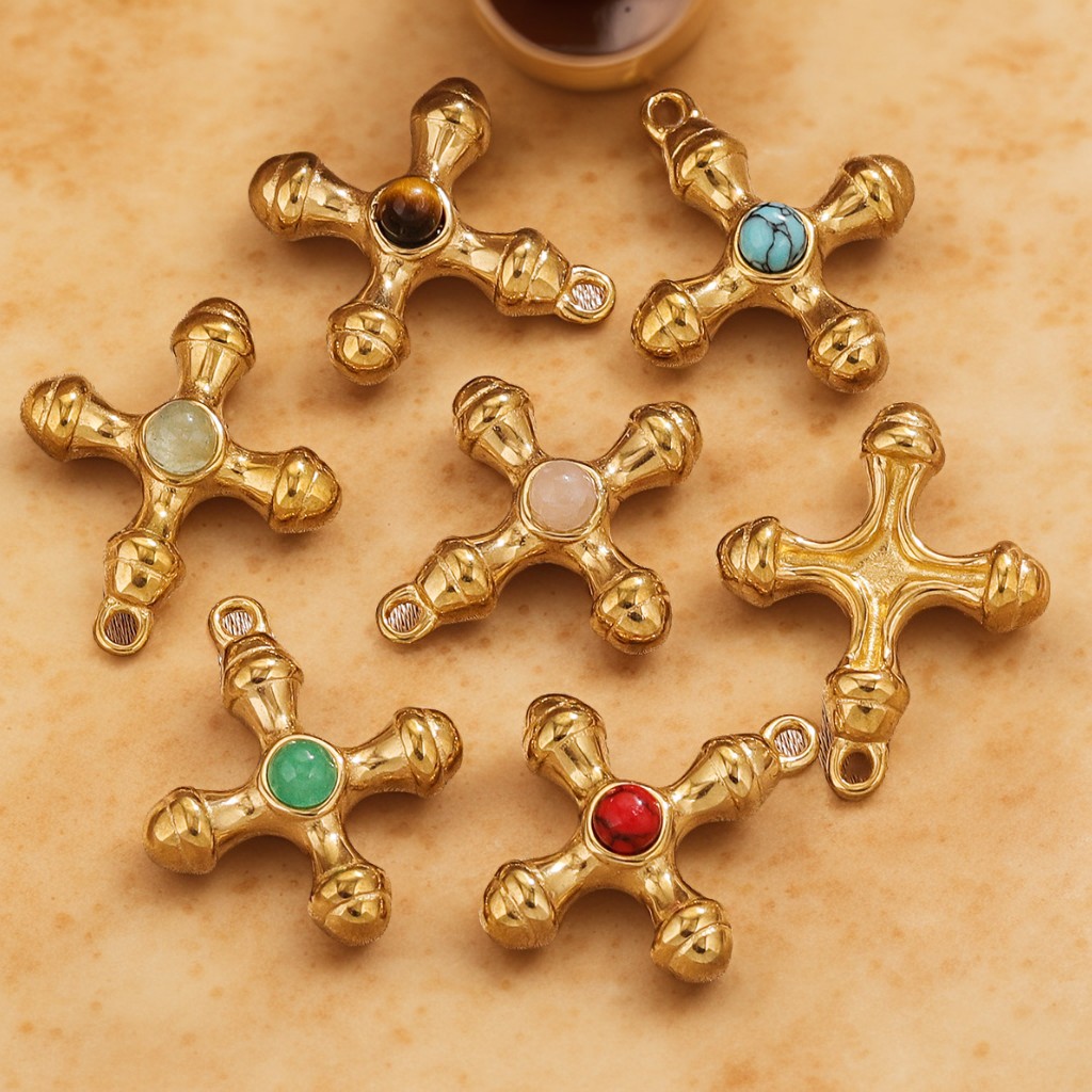 Ins europeo y americano retro lujo ligero natural ojo de tigre cruz colgante DIY titanio acero 18k oro cadena de clavícula